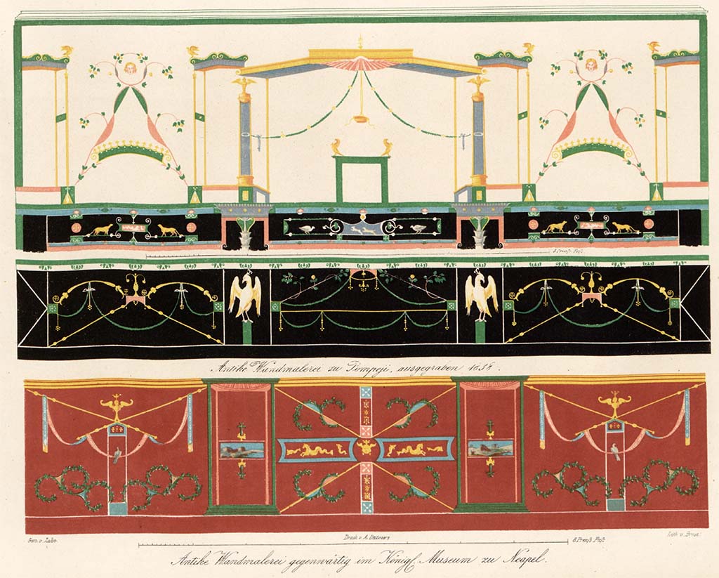 VI.13.2 Pompeii. Pre-1849. Painting by Zahn of top of wall in tablinum. It is then fragmented to show the zoccolo (middle painting) of wall.
The lower (red) painting of a zoccolo was seen and painted in Naples Museum.
See Zahn W., 1849. Ornamente aller klassischen Kunst-Epochen nach den Originalen in ihren eigenthümlichen Farben. Berlin: Reimer, Taf. 95.
