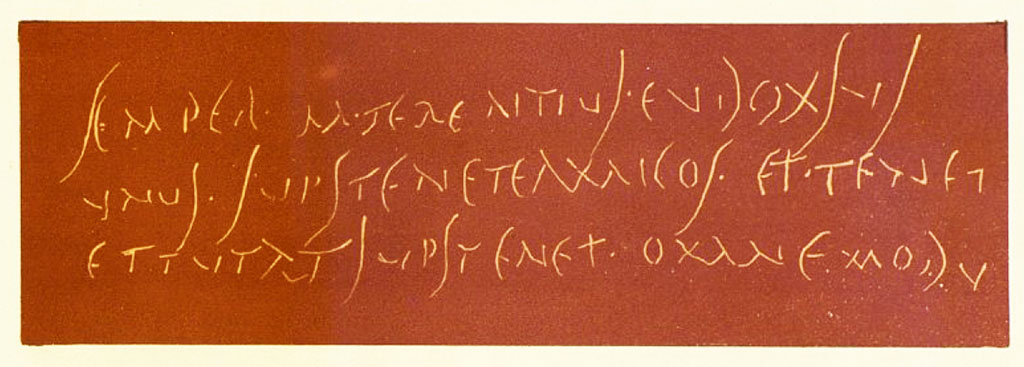 VI.13.6 Pompeii. 1874. Cubicle to the left of the peristyle. Drawing of graffito as published by Presuhn.
See Presuhn, E. Pompei les derni�res fouilles de 1874-75 , La Troisi�me Ile pl. III.
