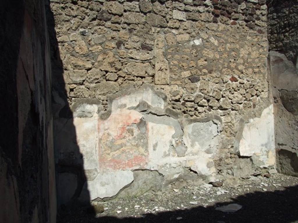 VI.14.20 Pompeii. March 2009. Room 7, north wall.
According to PPM �
�On the north wall the black zoccolo with yellow squares was preserved and sections of the middle zone with central aedicula, and red side panels with medallions (35cm diameter) and black (?) in the corners. III Style.
See Carratelli, G. P., 1990-2003. Pompei: Pitture e Mosaici: Vol. V. Roma: Istituto della enciclopedia italiana, p.272, no.12.
