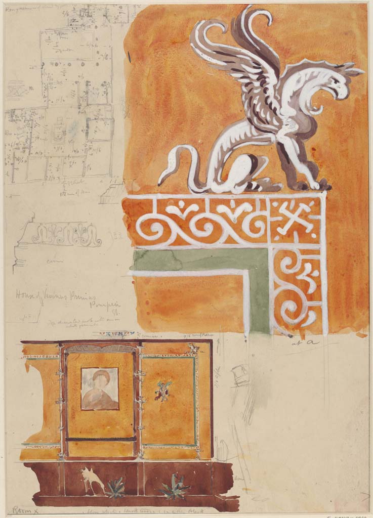 VI.14.20 Pompeii. Undated (c.1870�s). Sketch/drawing by Sydney Vacher from south wall, described as �Room X�.
(Note: the detail of the griffin (top right) is from the top corner of the right-hand side panel of the wall in the lower painting).
The cornice sketch matches that shown in our photos.
Photo � Victoria and Albert Museum, inventory number E.4379-1910. 
 
