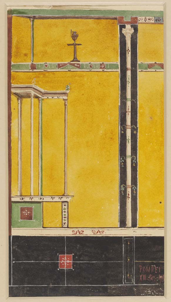 VI.14.20 Pompeii. 12th September 1876. Watercolour by Luigi Bazzani.
Room 13, detail from south wall in south-east corner.
Photo � Victoria and Albert Museum. Inventory number 2057-1900. 
See Schefold, K., 1962. Vergessenes Pompeji. Bern: Francke, (Room r, taf.143).

