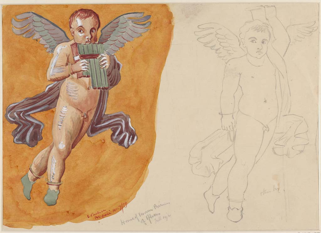 VI.14.20 Pompeii. 7th March 1879. Room 13. Painting by Sydney Vacher of cupid with pan pipes from west wall and drawing of cupid from south wall.
Photo � Victoria and Albert Museum, inventory number E.4413-1910. 
