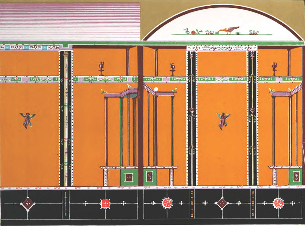 VI.14.20 Pompeii. Small room/cubiculum in the garden, east and south walls of room 13.
See Presuhn E., 1878. Pompeji: Die Neuesten Ausgrabungen von 1874 bis 1878. Leipzig: Weigel. (III, Plate VII)
