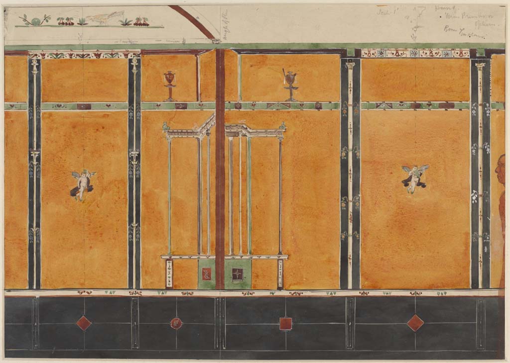 VI.14.20 Pompeii. Undated (c.1870�s) painting by Sydney Vacher showing painted decoration on south and west walls of room 13, small room/cubiculum.  
Photo � Victoria and Albert Museum, inventory number E.4412-1910.
