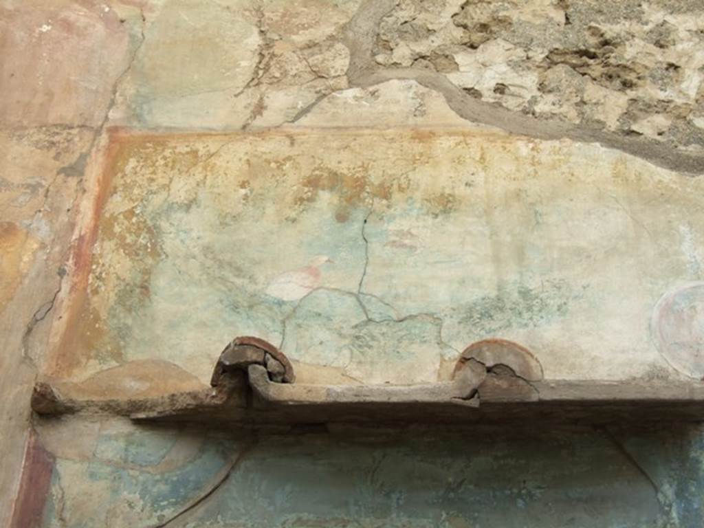 VI.14.20 Pompeii. March 2009. Room 18, remains of painting with bird, above window on west wall of garden area.