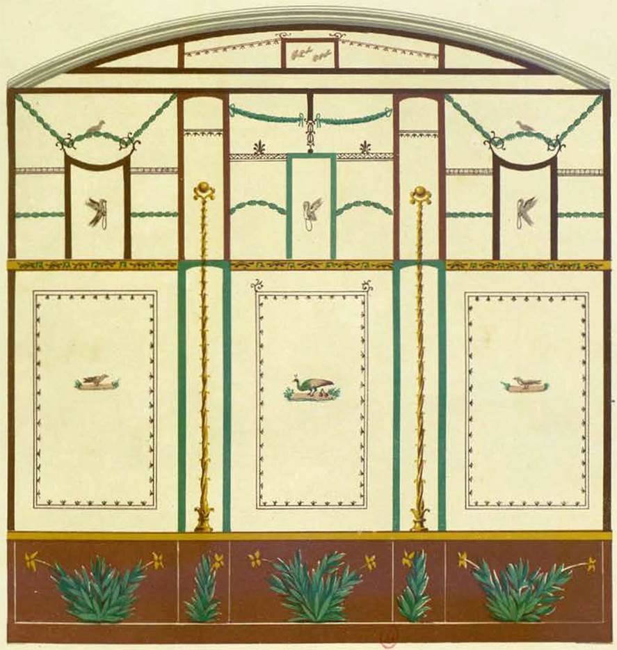 VI.14.25 Pompeii. Triclinium wall decoration, south wall as painted by Presuhn. 
See Presuhn E., 1878. Pomp�i : Les derni�res fouilles de 1874 � 1878. Leipzig: Weigel, Section IV taf. VI.
