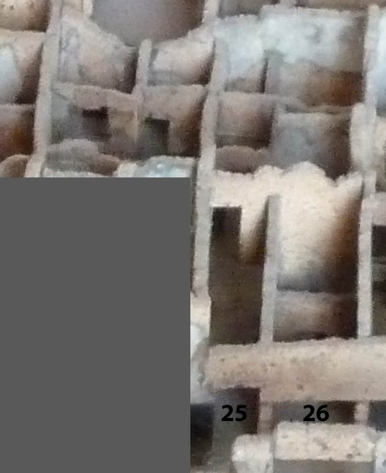 VI.14.25 Pompeii. Looking west from entrances on Via del Vesuvio.
Plan showing entrance to VI.14.25, and shop at 26, from model exhibited in Naples Archaeological Museum. According to Wallace-Hadrill, this was a complex of seven rooms and a lightwell at the end of the passageway. It had been identified as an officina tinctoria. When excavated there had been Style IV decoration in three of the rooms.
See Wallace-Hadrill, A. (1994): Houses and Society in Pompeii and Herculaneum. Princeton Univ. Press, (p.213)
According to Eschebach, entered by a long corridor, on the left would have been a triclinium fenestratum, and garden with small portico
On the right, a yard with two neighbouring rooms. On the west side, cubiculum, kitchen, storeroom, steps to upper floor and latrine, dormitory. See Eschebach, L., 1993. Geb�udeverzeichnis und Stadtplan der antiken Stadt Pompeji. K�ln: B�hlau. (p.213)
According to Jashemski, the small garden at the rear of a large exedra had a portico on the north supported by a single column. See Jashemski, W. F., 1993. The Gardens of Pompeii, Volume II: Appendices. New York: Caratzas. (p.150). On the model above, the small garden would be the room on the left, with a window and doorway in its west wall.
According to Boyce, in the west wall of the kitchen beside the hearth, is an arched niche. Its floor projected as a narrow shelf. Sogliano reported a fragmentary Lararium painting in this room � now entirely vanished. See Boyce G. K., 1937. Corpus of the Lararia of Pompeii. Rome: MAAR 14. (p.53, no.201). See Sogliano, A., 1879. Le pitture murali campane scoverte negli anni 1867-79. Napoli: (p.19, no.68, in the kitchen). See Giacobello, F., 2008. Larari Pompeiani: Iconografia e culto dei Lari in ambito domestico.  Milano: LED Edizioni. (p.178)
According to Garcia y Garcia, VI.14.25 was affected by the demolition and destruction of two rooms, and part of the perimeter wall, due to the nearby bombing in 1943. See Garcia y Garcia, L., 2006. Danni di guerra a Pompei. Rome: L�Erma di Bretschneider. (p.91)
