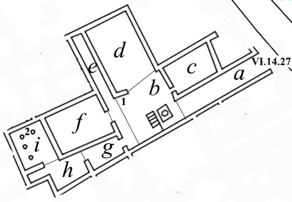 VI.14.27 Pompeii. Plan of house showing location of some of the finds.
In room �b�, at no. 1, was found 
The statue of Venus Anadyomene. Now in Naples Archaeological Museum. Inventory number 110602.
In room �i�, at no. 2, were found
A marble bust of Epicurus. Now in Naples Archaeological Museum. Inventory number 110872.
A marble bust of bearded Pseudo-Seneca. Now in Naples Archaeological Museum. Inventory number 110873. 
A marble herm of Dionysus. Now in Naples Archaeological Museum. Inventory number 110874. 
A marble herm of a Dionysian female. Now in Naples Archaeological Museum. Inventory number 110875.
See Carrella A. et al. Marmo Pompeiana nel Museo Archeologico Nazionale di Napoli. SAP 26: 2008. Roma: L�Erma di Bretschneider, pp. 92-95.

According to Boyce, in the south wall of the small in the south-west corner, room �h� (kitchen?), was a tall rectangular niche.
Its floor projected far beyond the surface of the wall.
Boyce added the note that in the small atrium �b� the following statuettes were found �
5 in bronze, of Isis, Anubis, an old seated man, and the two Lares.
1 in marble, of Venus Anadyomene, adorned with necklace and bracelets of gold.
1 in silver, of Harpocrates leaning upon a tree trunk, with a small dog on either side of him. Inventory number 110626?
1 of terracotta, of a goddess reclining on a couch.
At least the first five of these figures are thought to have been contained in a wooden chest, the lock of which was found by excavators.
Also found were a mirror, coins and small bronze objects.
See Boyce G. K., 1937. Corpus of the Lararia of Pompeii. Rome: MAAR 14. (p. 53, no. 202)  
See Giornale di Scavi, N.S. 3, 1875, p. 172.


 
