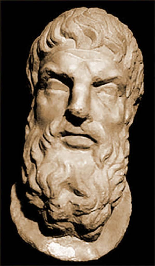 VI.14.27 Pompeii. Room i. Marble bust of Epicurus. 
Now in Naples Archaeological Museum. Inventory number 110872.

