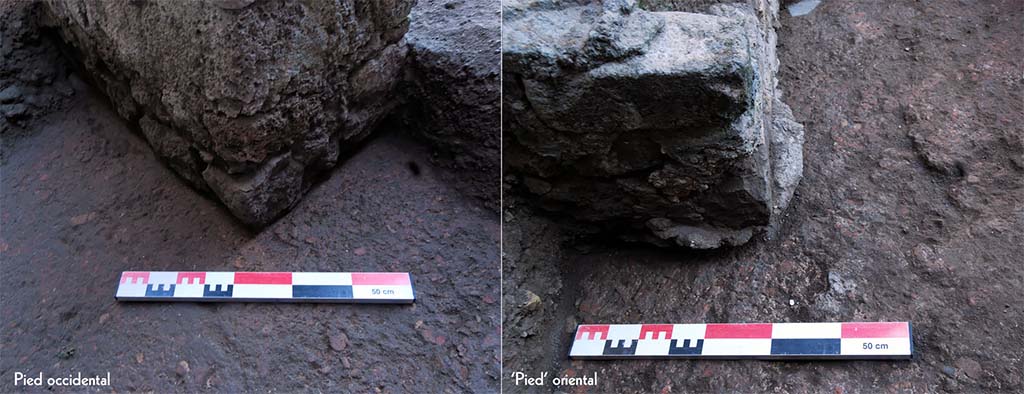 Fig. 11 - Pompéi Pistrina. Pieds de la table de façonnage dans la boulangerie VI 14, 28-32. 
Le pied occidental repose simplement, sans fondation, sur le sol en opus signinum ; le « pied » oriental est en fait une restauration moderne du pied effondré en place.
Clichés : N. Monteix / ÉfR.
