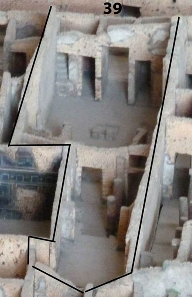 VI.14.39 Pompeii. Looking west across area on cork model in Naples Archaeological Museum. According to Mau, found in the atrium on 23 and 26 September, and 11 and 18 October 1876, were various vases and other bronze utensils, iron, glass bottles and plates. As a result of this he concurred that like any other room, the atrium served many uses. Most interesting of the objects was a bronze seal/signet (length 0.085), with the wording -
AXI . GVN
and on the ring – FE

Found in room “f” at the rear of the tablinum, on 2nd December 1876, as well as various bronze objects, were also a number of tools for a Turner, including amongst them 15 iron chisels for lathe work.  According to Mau, he thought it likely that the room he called a triclinium because of its proportions, (room “f”), served in the last years of Pompeii as a workshop for the Turner. 
See Mau in BdI, 1878, (p.96)

According to Della Corte, found here in December 1878 were 15 iron chisels for working at a lathe, and two tools for working the wood on the lathe.
He came to the conclusion that this was a workshop of wood turners (faber tornator), and that the upper floor would have been the dwelling.

He had two thoughts on the name of the person who lived here.
Firstly, a signet/seal was found here, of a citizen of an obscure family  – it read
Axi(us) Gun…… (Tornator)  [CIL X  8058, 7]  (S.9, with Note 4 – Della Corte had not known of another Axi at Pompeii until this one).

Secondly, found to the left of the entrance doorway was an electoral recommendation, this time of a distinct Pompeian family, a Clodio, although not known of which family.
Clodi fac  [CIL IV 3502] with Note 1: page 85).
The programme containing the name Clodi fac, was traced on the external wall, above the zoccolo that was at the height of 1.74m.  Also found was -
Sei copo, probe fecisti quod sella(m) commodasti    [CIL IV 3502] with  Note 2).
See Della Corte, M., 1965.  Case ed Abitanti di Pompei. Napoli: Fausto Fiorentino. (p.84 with notes 2 and 4)

According to Epigraphik-Datenbank Clauss/Slaby (See www.manfredclauss.de), these read as –

Axi Gun()
/ 
Fe()      [CIL X  8058, 7]  

[H]ol[c]o<n=R>ium Priscum aed(ilem) Clodi fac(iat) 
/
sei copo probe fecisti 
quod sella commodasti      [CIL IV 3502]

