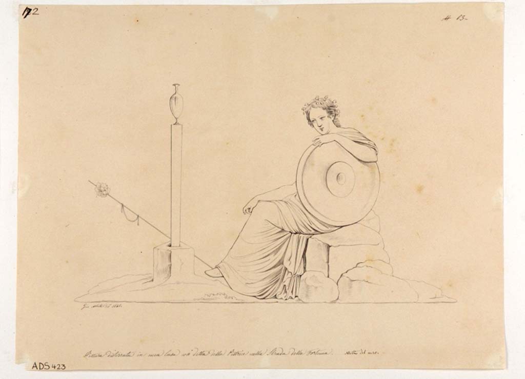 VI.14.42 Pompeii. Drawing by Giuseppe Abbate, 1846, of painting of a sitting Maenad found on south wall of tablinum, but now completely disappeared.
Now in Naples Archaeological Museum. Inventory number ADS 423.
Photo � ICCD. http://www.catalogo.beniculturali.it
Utilizzabili alle condizioni della licenza Attribuzione - Non commerciale - Condividi allo stesso modo 2.5 Italia (CC BY-NC-SA 2.5 IT)
