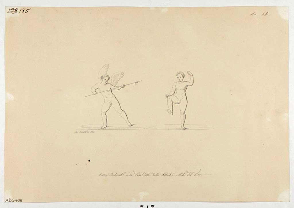 VI.14.42 Pompeii. Drawing by Giuseppe Abbate, 1846, of painted panels found on south wall of cubiculum on south side of tablinum.
Now in Naples Archaeological Museum. Inventory number ADS 425.
Photo � ICCD. http://www.catalogo.beniculturali.it
Utilizzabili alle condizioni della licenza Attribuzione - Non commerciale - Condividi allo stesso modo 2.5 Italia (CC BY-NC-SA 2.5 IT)
