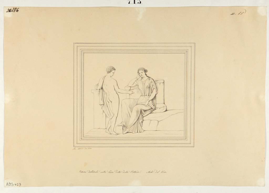 VI.14.42 Pompeii. Drawing by Giuseppe Abbate,1846, of painting found on north wall of cubiculum on south side of tablinum.
A masculine standing figure and female sitting, (Helbig 1392b), perhaps Paris and Helen or Phaedra and Hippolytus.
Now in Naples Archaeological Museum. Inventory number ADS 427.
Photo � ICCD. http://www.catalogo.beniculturali.it
Utilizzabili alle condizioni della licenza Attribuzione - Non commerciale - Condividi allo stesso modo 2.5 Italia (CC BY-NC-SA 2.5 IT)
The original painting is now in Naples Archaeological Museum.
