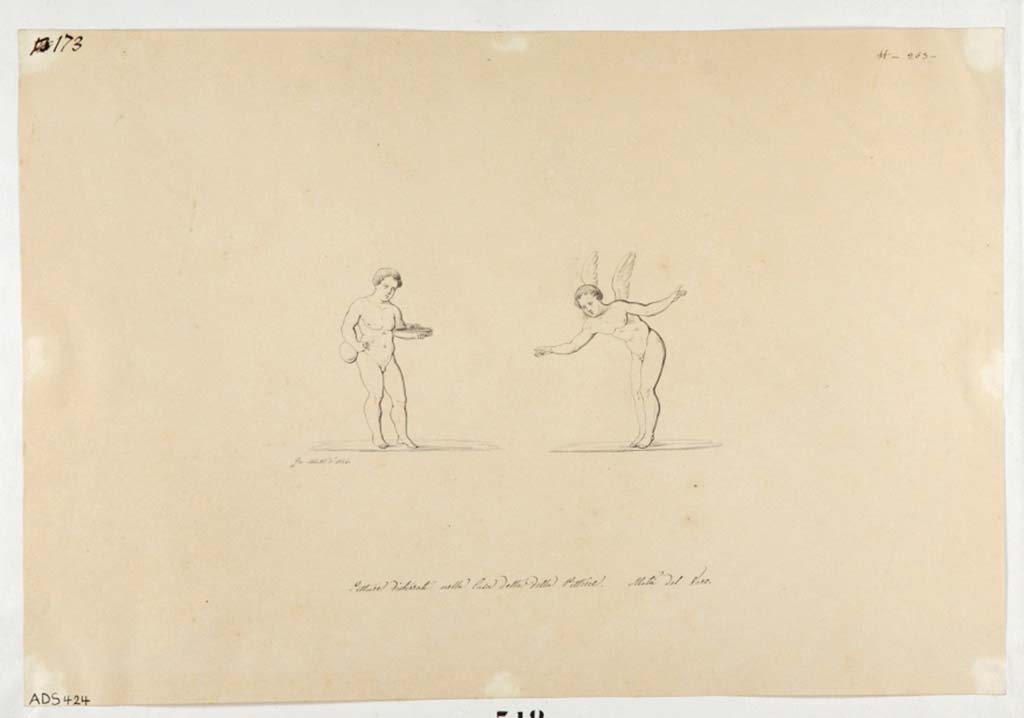 VI.14.42 Pompeii. Drawing by Giuseppe Abbate, 1846, of painted panels found on north wall of cubiculum on south side of tablinum, on either side of the central painting above.
These were left in situ and have now faded and disappeared.
Now in Naples Archaeological Museum. Inventory number ADS 424.
Photo � ICCD. http://www.catalogo.beniculturali.it
Utilizzabili alle condizioni della licenza Attribuzione - Non commerciale - Condividi allo stesso modo 2.5 Italia (CC BY-NC-SA 2.5 IT)

