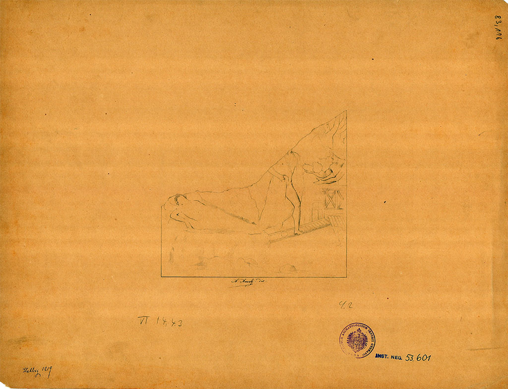 VI.14.43 Pompeii. Room 2, west wall of bedroom or cubiculum on north side of entrance.
Drawing of painting of Ariadne abandoned by Theseus.
DAIR, 83.116. Photo © Deutsches Archäologisches Institut, Abteilung Rom, Arkiv.