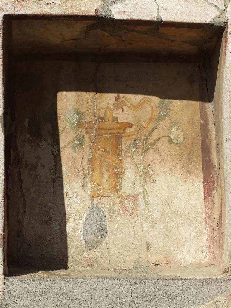 VI.14.43 Pompeii. December 2007. Niche with painted altar with plants and serpent.
According to Boyce, in the north wall of the peristyle is a rectangular niche.
On the back wall is painted a yellow cylindrical altar, on a rectangular base between two trees.
Around the altar coils a yellow serpent with red crest and beard, raising its head to the egg on top.
A tall rectangular panel on the wall around the niche was outlined with a red stripe, as was the opening of the niche itself.
Below the niche were seven graffiti, CIL IV 1533-1539.
See Boyce G. K., 1937. Corpus of the Lararia of Pompeii. Rome: MAAR 14. (p.54, no.209, with Pl.8, 2 and 3)
See Giacobello, F., 2008. Larari Pompeiani: Iconografia e culto dei Lari in ambito domestico. Milano: LED Edizioni. (p.275)
See Fröhlich, T., 1991. Lararien und Fassadenbilder in den Vesuvstädten. Mainz: von Zabern. (p.279, L69, some plaster fallen and part of niche destroyed).