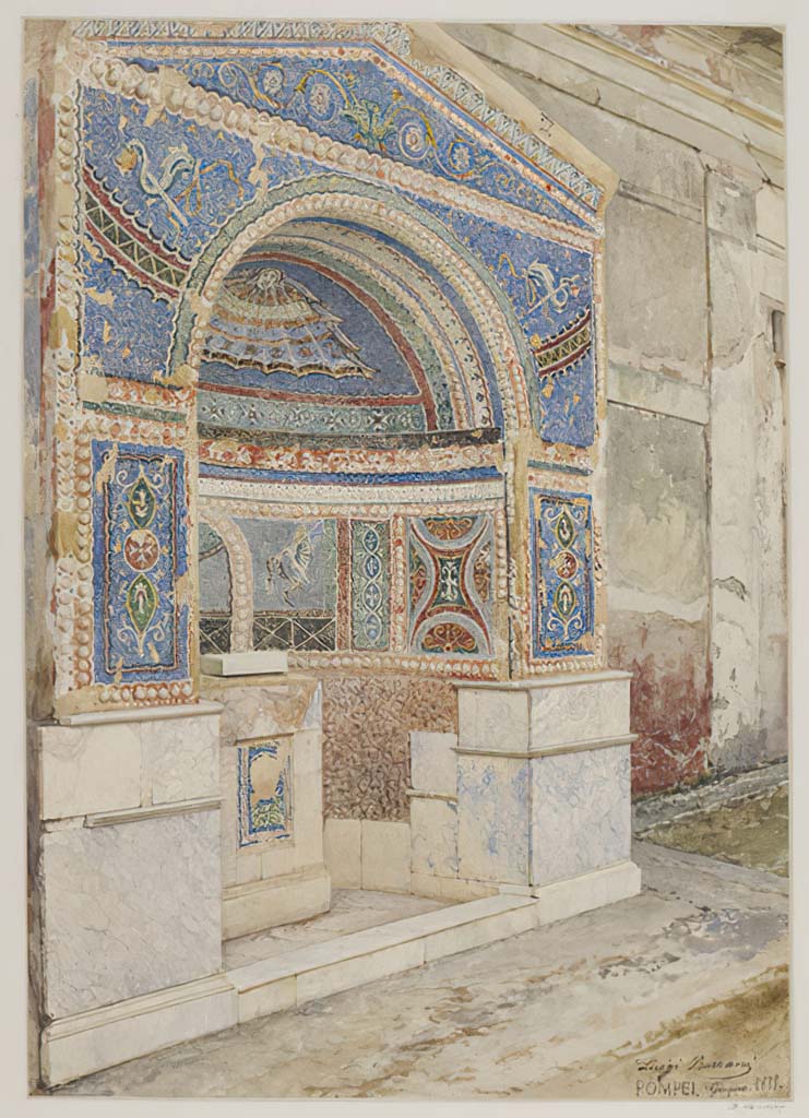 VI.14.43 Pompeii. 1888. Watercolour by Luigi Bazzani of mosaic fountain in garden area.
Photo © Victoria and Albert Museum. Inventory number 116-1889.