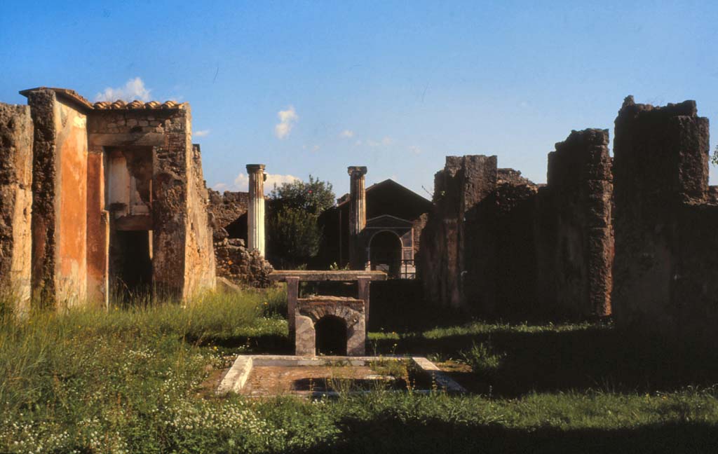 VI.14.43 Pompeii. February 1988. 
Looking east across atrium towards garden area. Photo by Joachime Méric courtesy of Jean-Jacques Méric.
