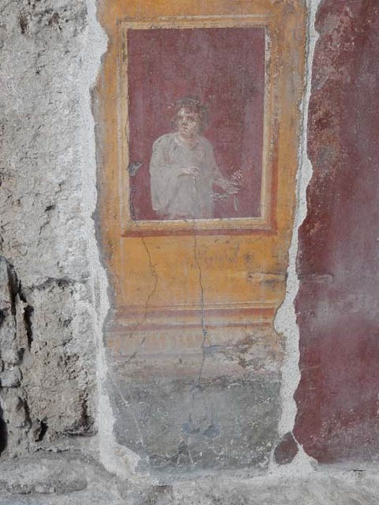 VI.15.1 Pompeii. May 2017. Detail of painted panel on west wall of north ala. Photo courtesy of Buzz Ferebee.