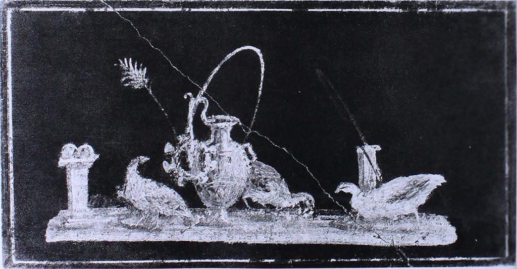 VI.15.1 Pompeii. Old photo from east wall in ala on north side of atrium.
Painted panel with 3 guinea fowl and a metallic hydria with a crown on its handle.