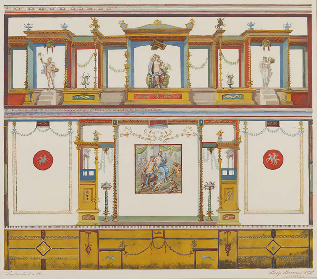 VI.15.1 Pompeii. 1897. Watercolour by Luigi Bazzani, showing south wall of oecus on south side of atrium.
Photo © Victoria and Albert Museum. Inventory number 14-1898.