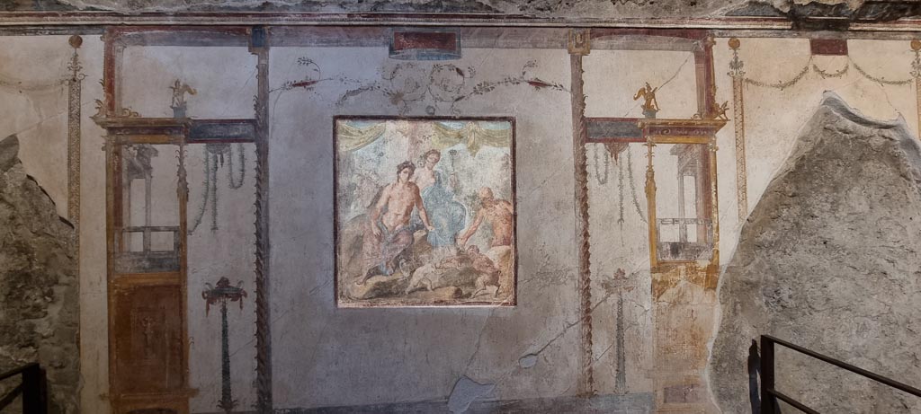 VI.15.1 Pompeii. January 2023.
Looking towards south wall of oecus with central painting showing fight between Eros and Pan. Photo courtesy of Miriam Colomer.