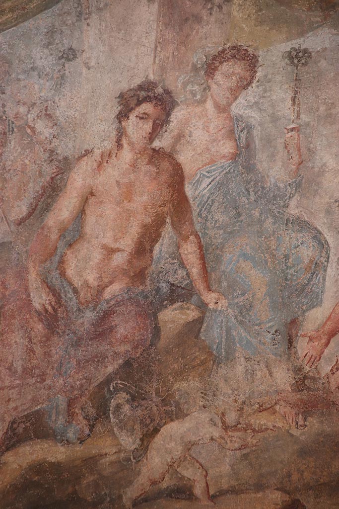 VI.15.1 Pompeii. October 2024.
Detail of Bacchus and Ariadne, from central painting on south wall. Photo courtesy of Klaus Heese.