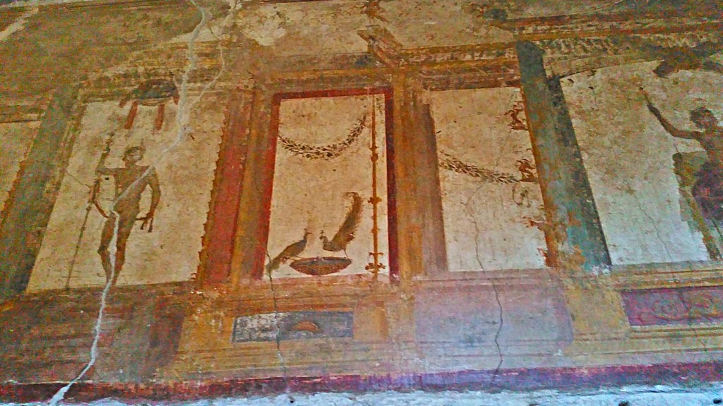 VI.15.1 Pompeii. December 2019.
Detail from upper west wall at south end, in oecus on south side of atrium. Photo courtesy of Giuseppe Ciaramella.