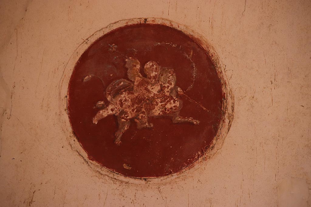 VI.15.1 Pompeii. October 2024. Detail of painted medallion at south end of west wall. Photo courtesy of Klaus Heese.