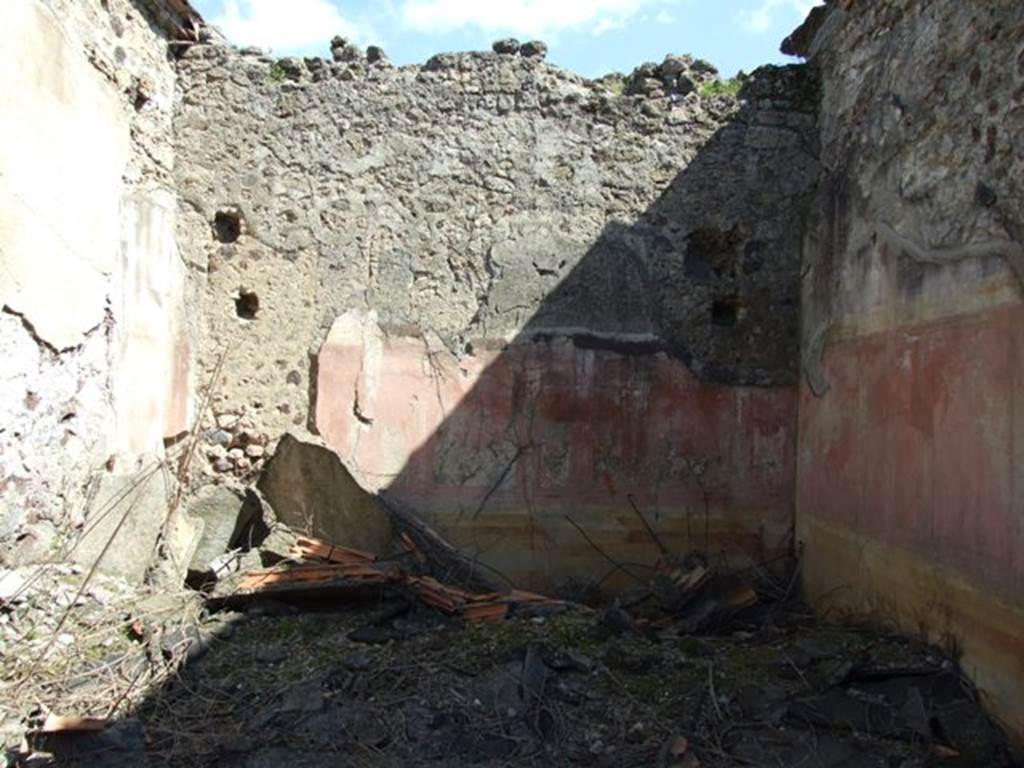 VI.15.5 Pompeii. March 2009. Room 8, looking east across triclinium.   According to NdS, the floor of the triclinium was �alla veneziana�. It was first decorated in the Second Style, with ashlars painted red-cinnabar, surrounded by green ribbons. From the dado with a yellow background protruded, in perspective, some pilasters with cornice and base, on which columns rested, simulated to support a portico around the walls. Fortunately for us, this beautiful but simple decoration had survived as it would have been substituted by another, as the room was found full of building materials such as limestone and others.
See Notizie degli Scavi, January 1897, (p.28)
