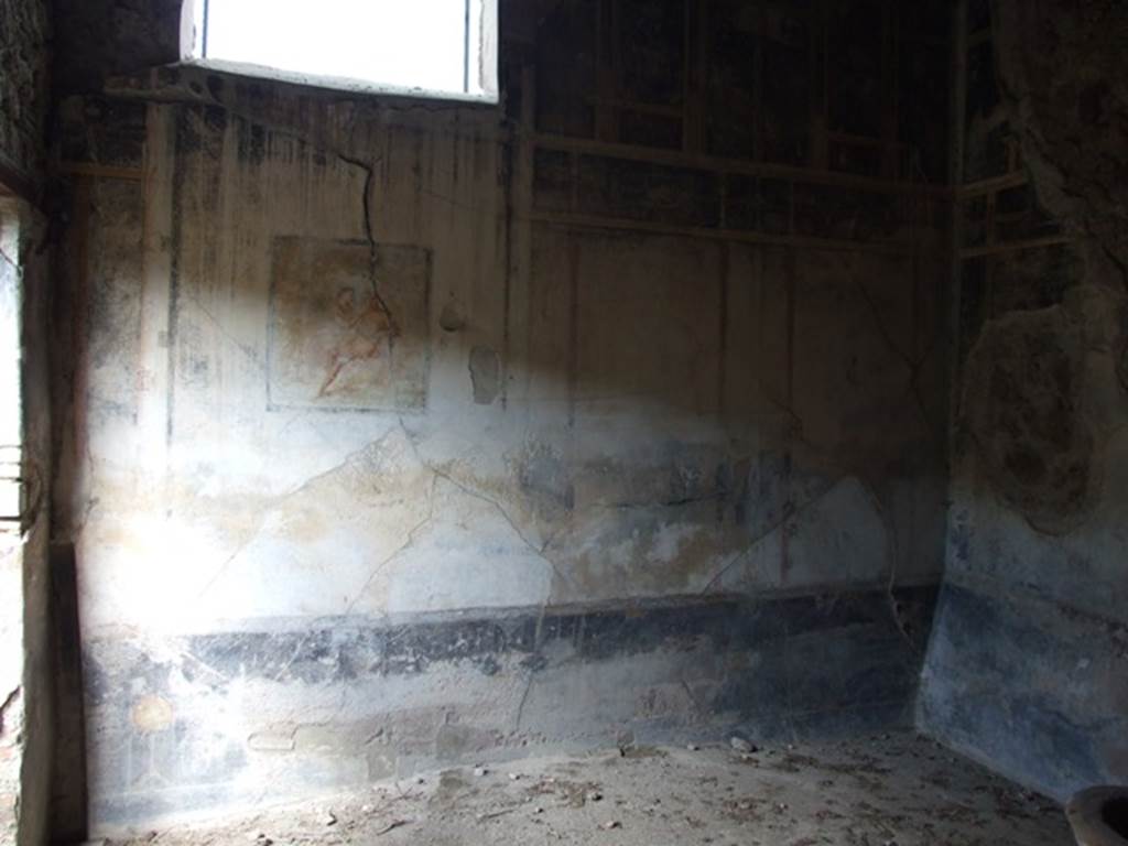 VI.15.6 Pompeii. March 2009. Room 15, north wall of triclinium, with wall painting.
According to NdS, the best preserved decoration in this room was on the north wall. It had a black background and the walls were partitioned by architectural concepts. In the panel under the window was an important painting (0.63m high and 0.60m wide).