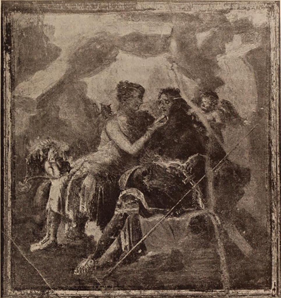 VI.15.6 Pompeii. Room 15, triclinium. Wall painting of Venus and Adonis, with cupids.
See Notizie degli Scavi di Antichità, 1897, (p.32 and fig.4)