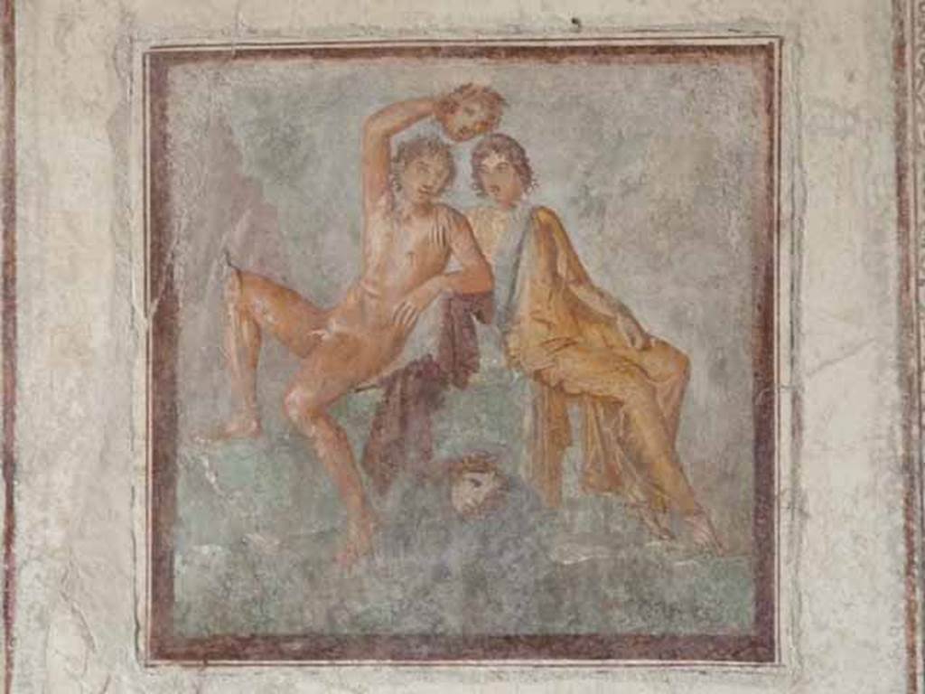 VI.15.8 Pompeii. May 2010. North wall of oecus. Fresco of Perseus and Andromeda. Perseus holds the severed head of the gorgon Medusa. They are looking at the reflection of the head in the water below them.