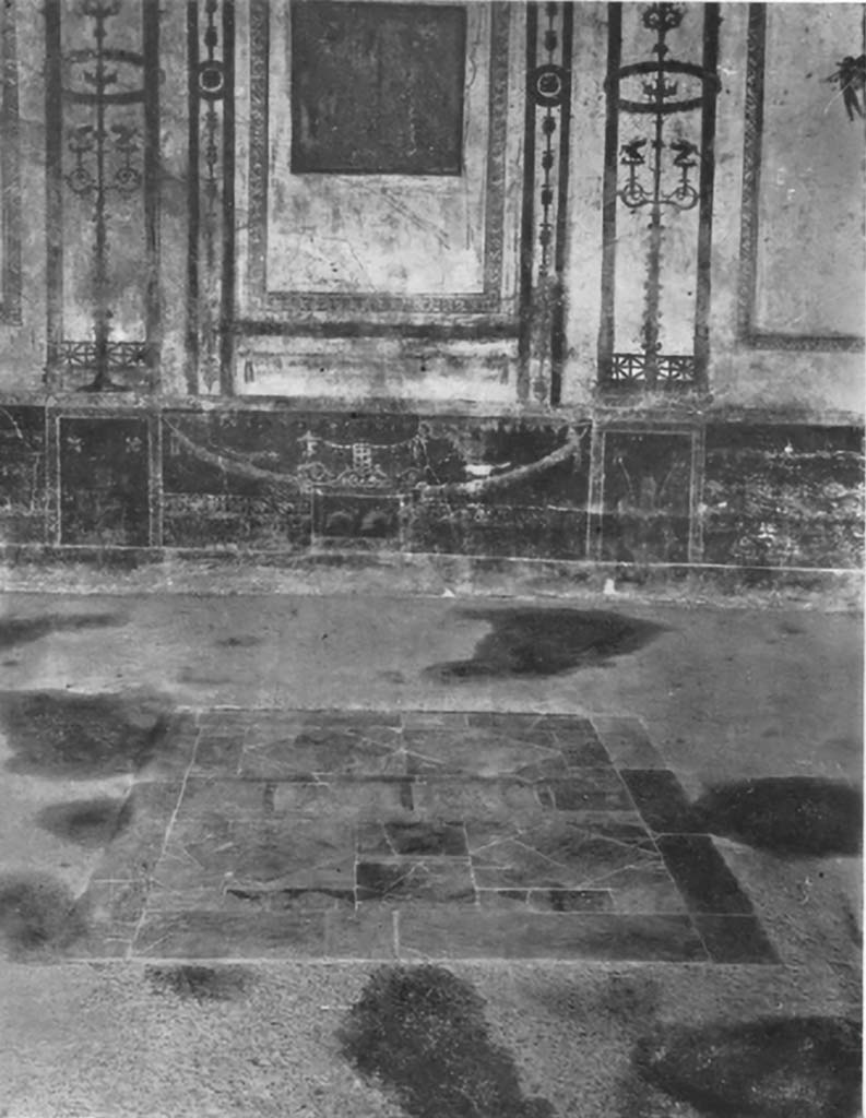 VI.15.8 Pompeii. c.1930. Oecus/triclinium, looking east across flooring.
See Blake, M., (1930). The pavements of the Roman Buildings of the Republic and Early Empire. Rome, MAAR, 8, (p. 48 & Pl. 9, tav.3).