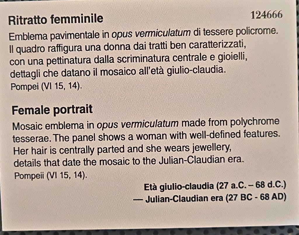 VI.15.14 Pompeii. Information card in Naples Archaeological Museum. Photo courtesy of Giuseppe Ciaramella. September 2024. 