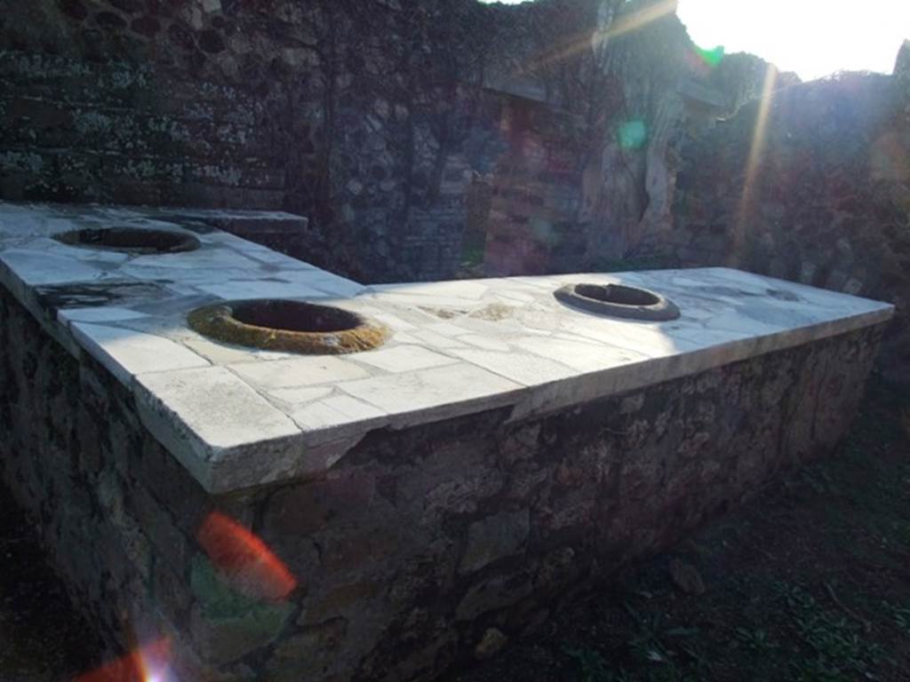 VI.15.15 Pompeii. December 2007. Looking across L-shaped counter with three dolia and a hearth. According to NdS, the sales counter was faced externally with plaster imitating coloured marble, �giallo antico� and framed in a porphory frame. Internally it was faced with red plaster, the same as that of the high dado.  On the south wall of the counter were the usual shelves for displaying the wares. There were four shelves and the last was interrupted to make way to a small closet/cupboard. Thetop of the counterwas faced with marble fragments. The counter/bench ended in a small hearth, in which an iron tripod was found on 29th November 1897. Both in this thermopolium and in the following at VI.15.16, traces of fire were observed. See Notizie degli Scavi, November 1897, (p.461)

