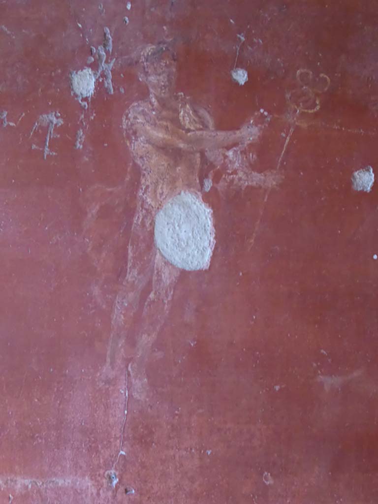 VI.16.7 Pompeii. September 2015.
Cubiculum D, painting of Mercury showing winged ankles and caduceus from central panel on north wall.
Foto Annette Haug, ERC Grant 681269 DÉCOR.