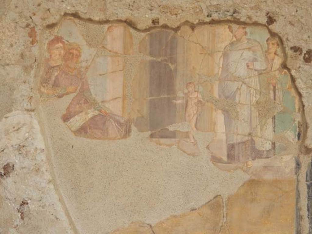 VI.16.7 Pompeii. May 2016. Room E, wall painting of Paris and Helen at Sparta on west wall of tablinum. Photo courtesy of Buzz Ferebee.