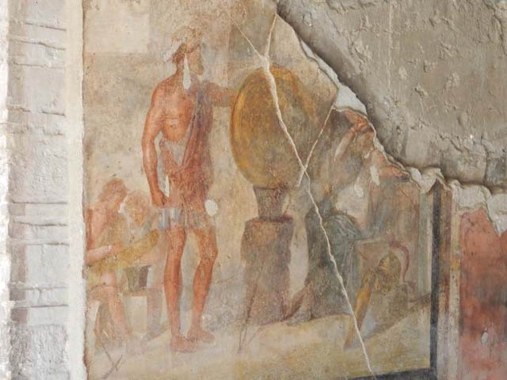 VI.16.7 Pompeii. May 2016. Room G, centre of north wall of oecus, next to doorway.
Wall painting of Thetis in the workshop of Hephaestus, after recent restoration.
Photo courtesy of Buzz Ferebee.