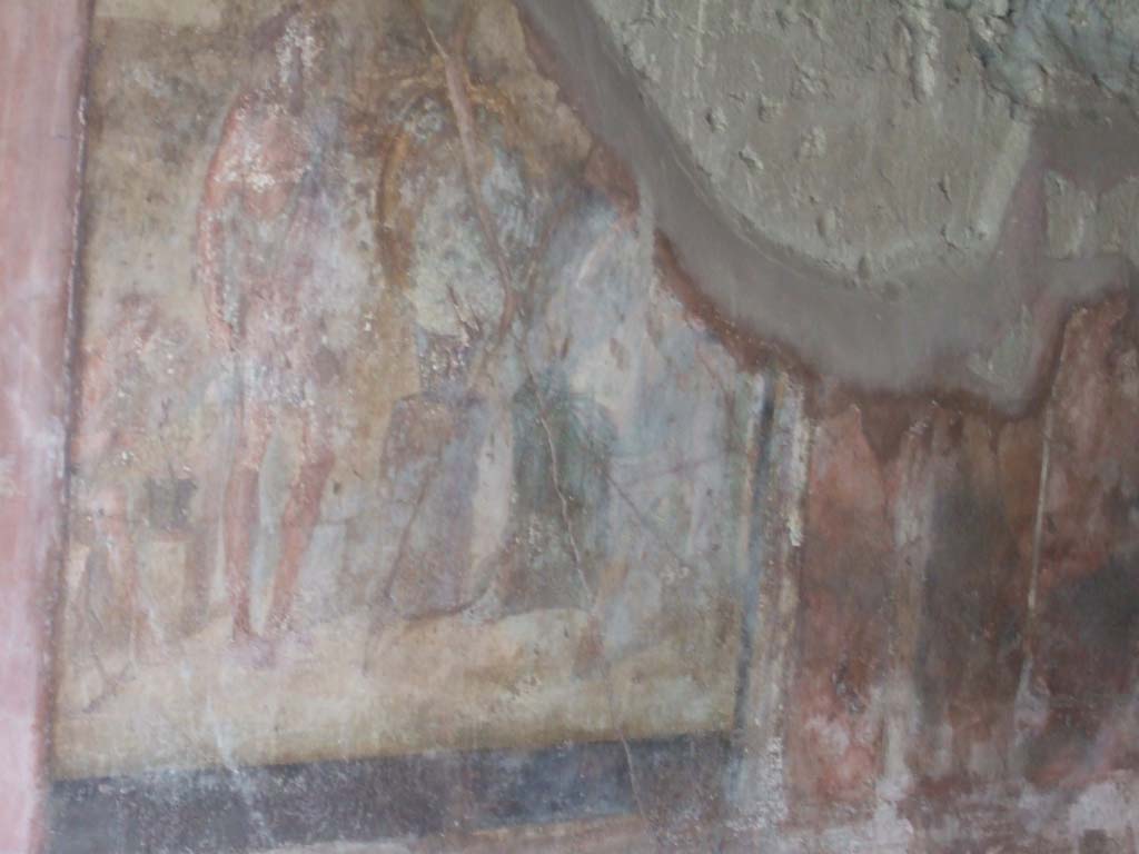 VI.16.7 Pompeii. May 2006.
Room G, centre of north wall of oecus, next to doorway. Wall painting of Thetis in the workshop of Hephaestus.