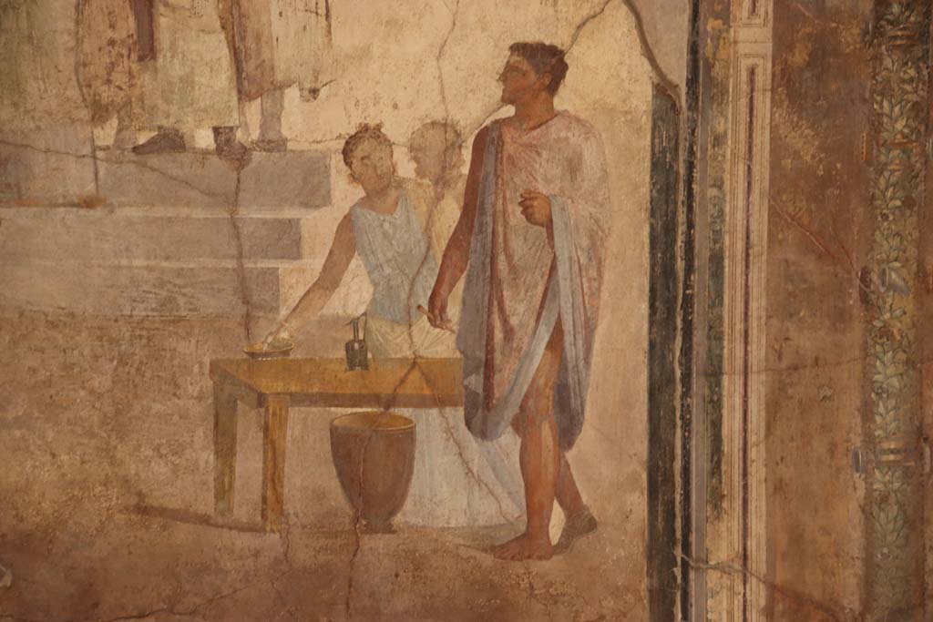 VI.16.7 Pompeii. September 2021. Room G, east wall of oecus, detail from painting. Photo courtesy of Klaus Heese.