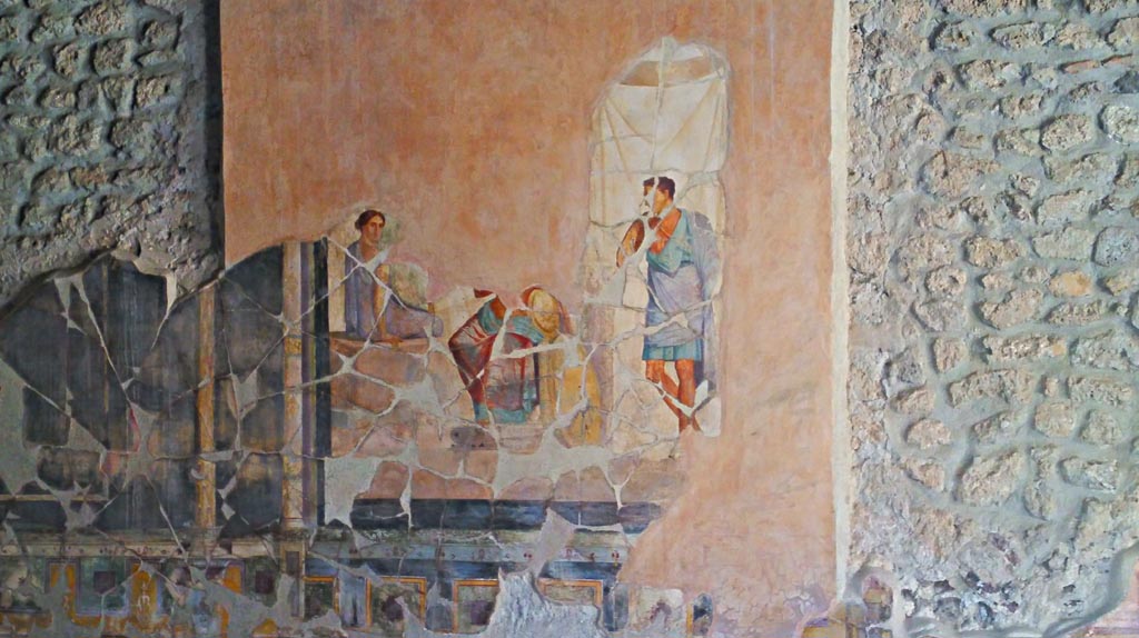 VI.16.7 Pompeii. December 2019.
Room G, south wall of oecus. Wall painting of Achilles with Briseis and Patroclus in his tent. Photo courtesy of Giuseppe Ciaramella.