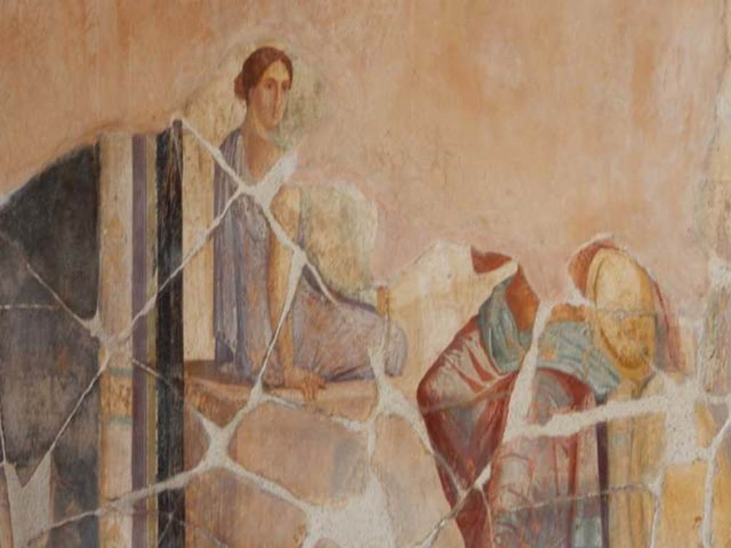 VI.16.7 Pompeii. May 2016. Room G, detail from east side of wall painting of Achilles with Briseis and Patroclus in his tent. Photo courtesy of Buzz Ferebee.