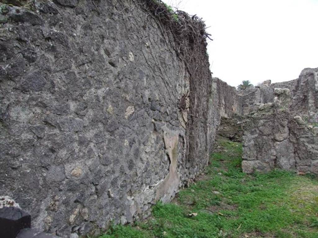VI.16.11 Pompeii. December 2007. South wall and corridor leading to rear. According to Liselotte Eschebach, on the left, this wall used to have a base for a staircase to the upper floor against it.   See Eschebach, L., 1993. Geb�udeverzeichnis und Stadtplan der antiken Stadt Pompeji. K�ln: B�hlau. (p.227). According to NdS, beside the south wall at the entrance doorway to the shop was an independent staircase accessed from a step and with a lava threshold from the street. This led to the above rooms. See Notizie degli Scavi di Antichit�, 1908, p. 58.