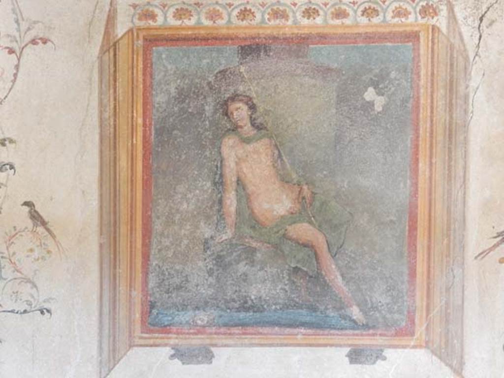 VI.16.15 Pompeii. May 2015. Wall painting of Narcissus, from centre of west wall of tablinum D. Photo courtesy of Buzz Ferebee.