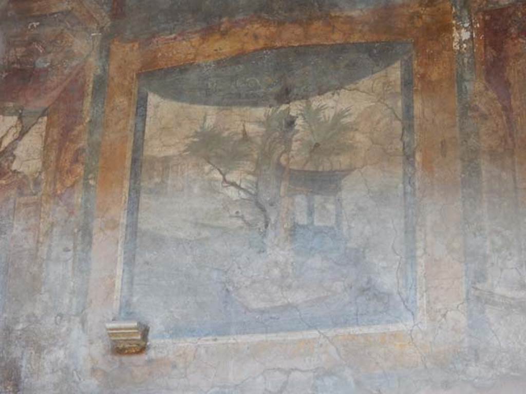 VI.16.15 Pompeii. May 2015. Detail of wall painting of sacred landscape on upper west wall of atrium B. Photo courtesy of Buzz Ferebee.