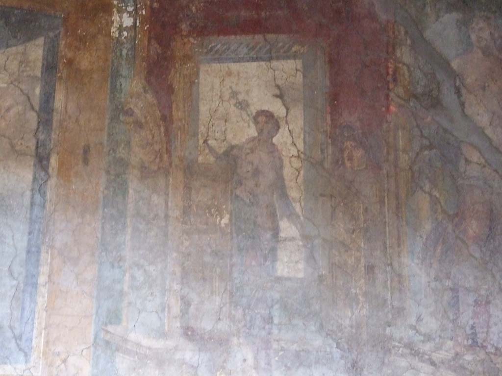 VI.16.15 Pompeii. December 2006. North end of upper west wall of atrium B above room E.
Detail of wall painting of woman with patera, making an offering to the statue of Nike.