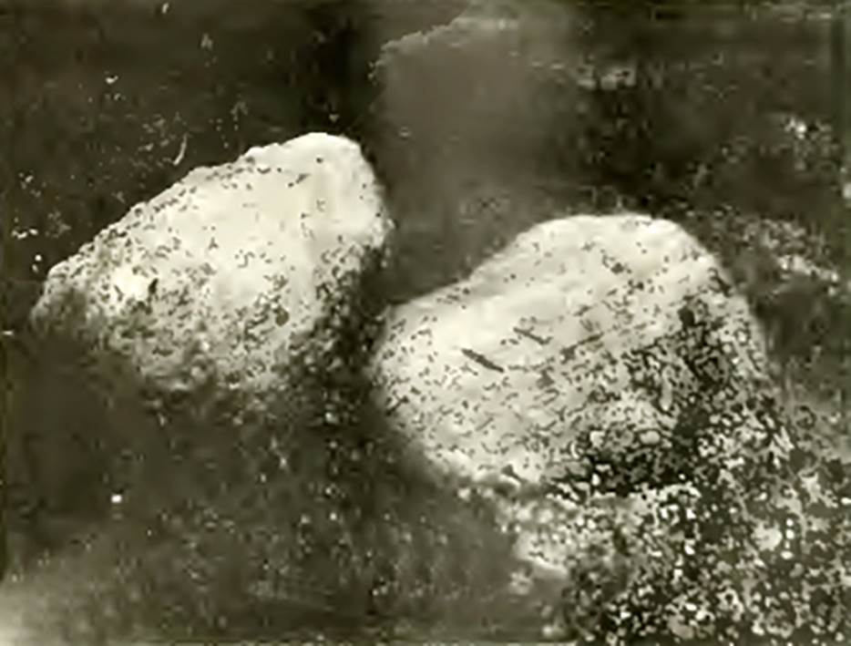 VI.16.29 Pompeii. 1908. Room O. Found here and left in their place were two large loads of slaked lime.
These showed the imprints of the matting in which they were contained.
See Notizie degli Scavi di Antichit�, 1908, (p.284, and fig 9 on p.285).
