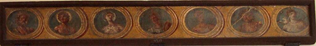 Pompeii Insula Occidentalis. Medallions showing the days of the week, found beneath the Cuomo property.  
According to Grasso, this one large fragment which was found intact shows the divinities of the week. 
See Bragantini, I & Sampaolo, V (eds). 2009. La Pittura Pompeiana, (Electa), (p.530-1)
Now in Naples Archaeological Museum. Inventory number 9519.
From the left starting with Sabbato (Saturday):
Greek:   Cronos, Helios, Selene, Ares, Hermes, Zeus, Aphrodite.
Roman: Saturno, Sole (sun), Luna (moon), Mars, Mercury, Giove, Venus.
Italian:    Sabbato, Domenica, Lunedi, Martedi, Mercoledi, Giovedi, Venerdi.
English: Saturday, Sunday, Monday, Tuesday, Wednesday, Thursday, Friday.
According to Wikipedia, the order of the days was Sun, Moon, Ares, Hermes, Zeus, Aphrodite, and Cronos, named after the heavenly bodies that presided over the first daylight hour of each day, according to Hellenistic astrology. From Greece the planetary week names passed to the Romans and from Latin to other languages of southern and western Europe, and to other languages later influenced by them. See Wikipedia - Names of the days of the week
According to Pagano and Prisciandaro, this was found 26th April - 2nd May 1760, in the same room as 9518, 9520, and 9521. (PAH,1, 106)
See Pagano, M. and Prisciandaro, R., 2006. Studio sulle provenienze degli oggetti rinvenuti negli scavi borbonici del regno di Napoli.  Naples: Nicola Longobardi. (p.33)
